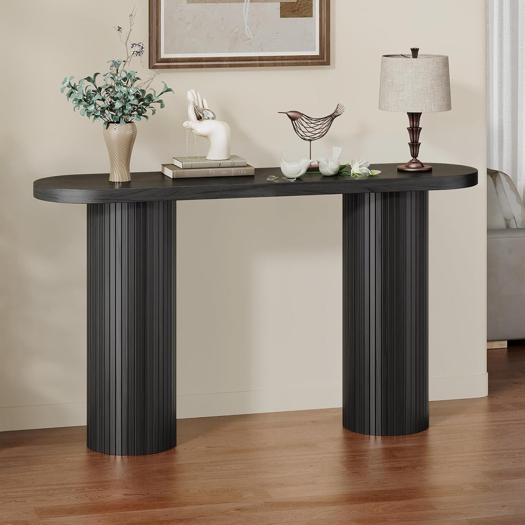 55 Inch Entryway Console Table, Sofa Table Narrow Long Behind Couch, Black | Fluted Design, Oval Wood Table