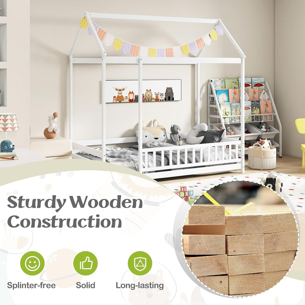 Twin Size Floor House Bed, Wooden Montessori Bed with Roof & Full-Length Safety Guardrail, Floor Playhouse Bed Frame