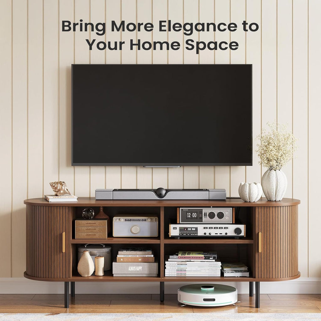 55" Mid-Century Modern TV Stand with Power Outlet, Entertainment Center for TVs up to 60", TV Stand Cabinet with Storage for Living Room, Kitchen/Entryway,Adjustable Shelves,Easy Assembly (Walnut)