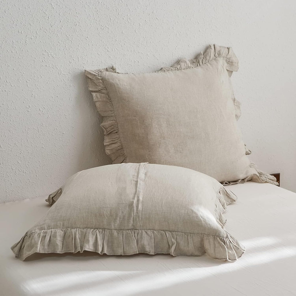 100% Linen Euro Sham Covers with Ruffle, 26x26 Inch Pillow Covers Set of 2, Euro Pillow Shams, Natural Linen
