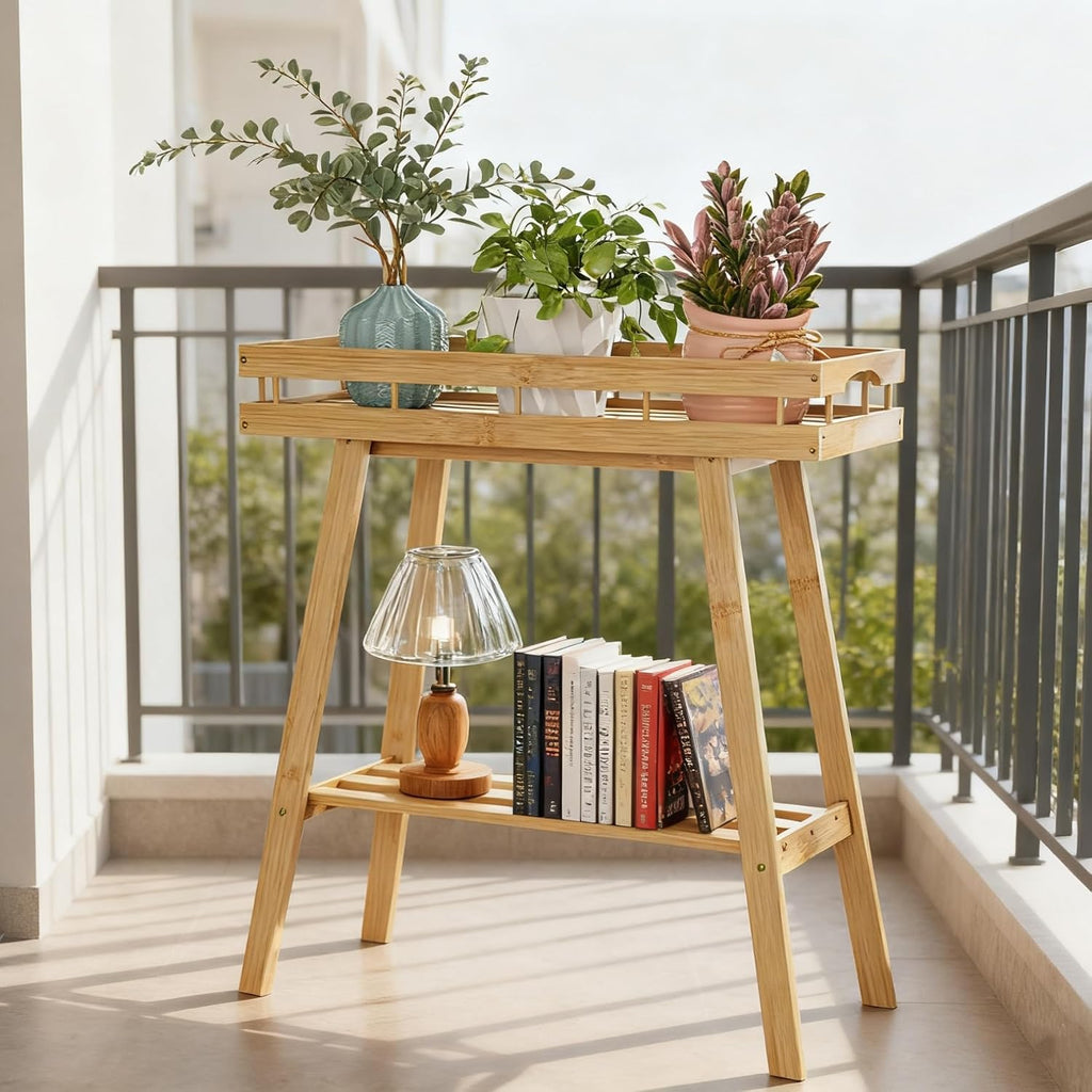 Bamboo Plant Stand Indoor, 2 Tier Small Plant Table, Tall Plant Stand for Indoor Plants, Window Sill Plant Shelf