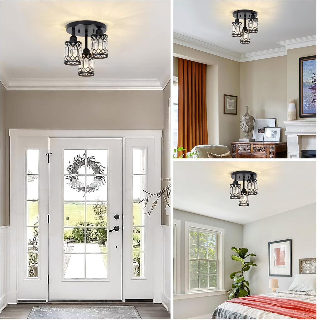 Semi Flush Mount Ceiling Light,3-Light Modern Crystal Close to Ceiling Light Fixtures, Black Kitchen Light Fixtures