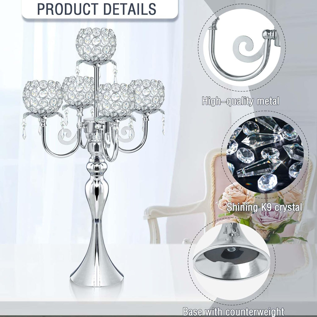 5 Arm Elegant Crystal Candle Holder,Candlestick, 22 Inch Tall Candle Holder Table Candelabra Event Party Table