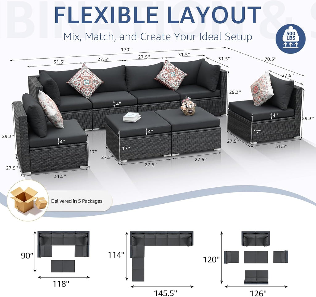 8 Seater Modern Luxury Outdoor Furniture Set, Extra Large PE Wicker Patio Modular Sectional Sofa with Ottoman, 29.3''