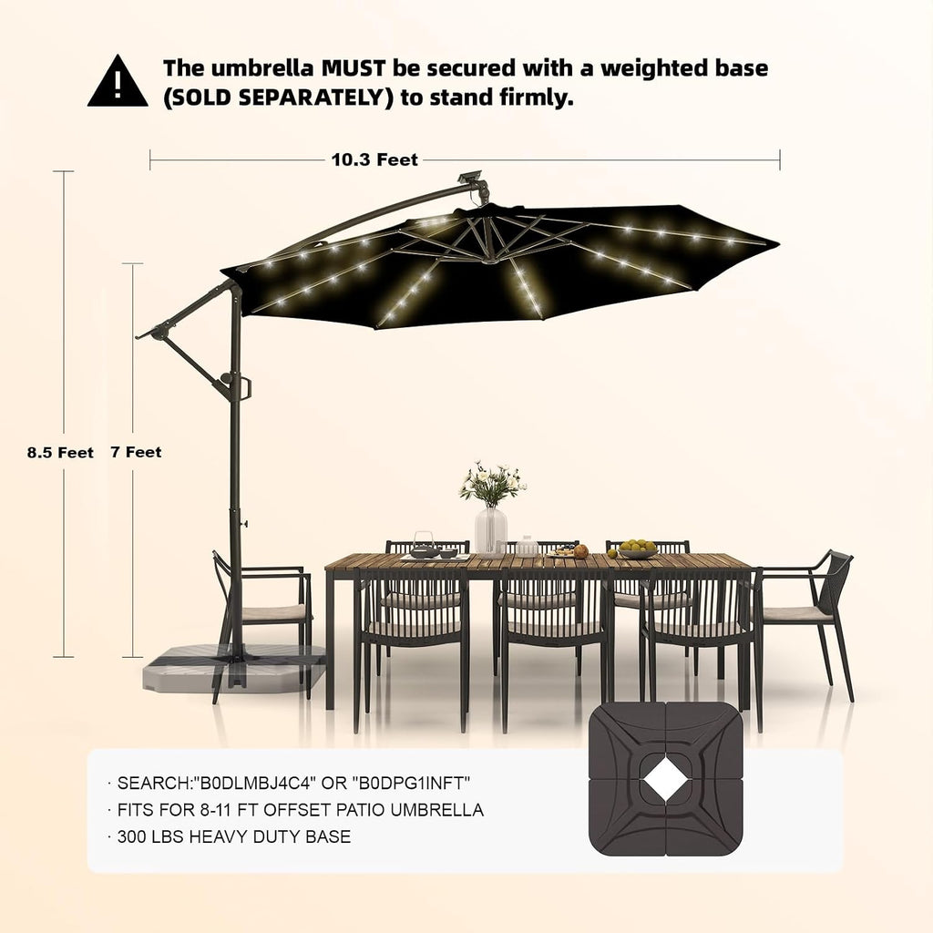 10ft Solar LED Offset Patio Umbrella, Outdoor Cantilever Patio Umbrellas with Solar Lights and Garden