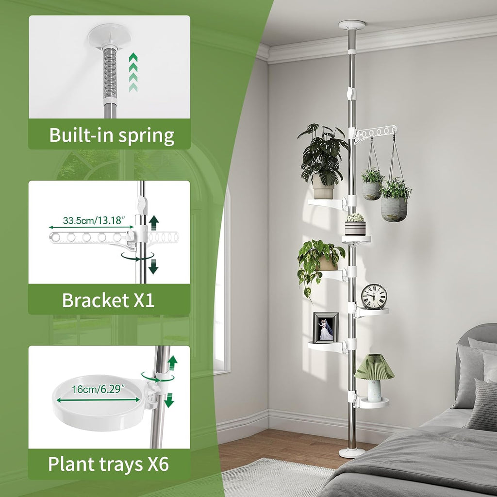 Plant Stand 7-Tier Tension Pole Metal Flower Rack Corner Ivory | Spring Loaded Pole,No Drilling Required ,Adjustable