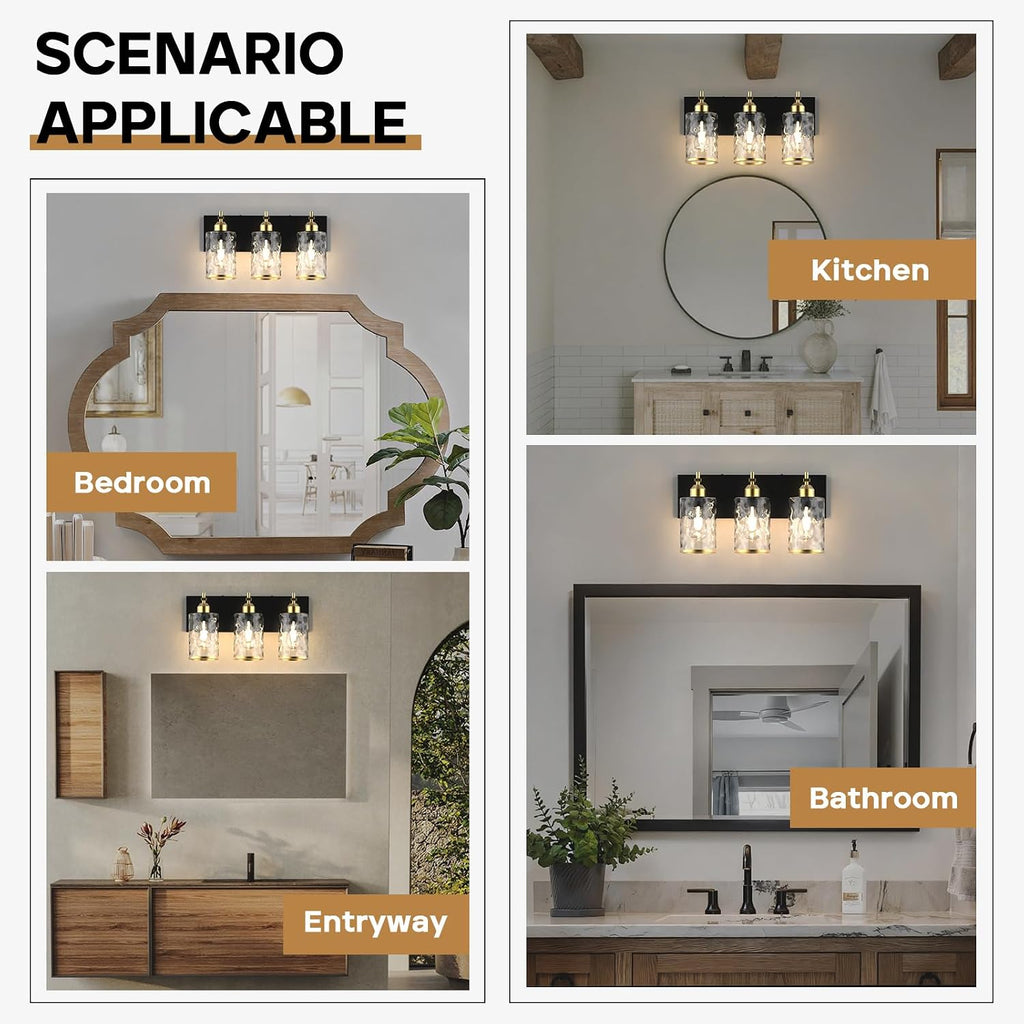 3-Light Bathroom Vanity Light Fixtures, Modern Bathroom Lighting Fixtures Over Mirror with Golden Wave Glass