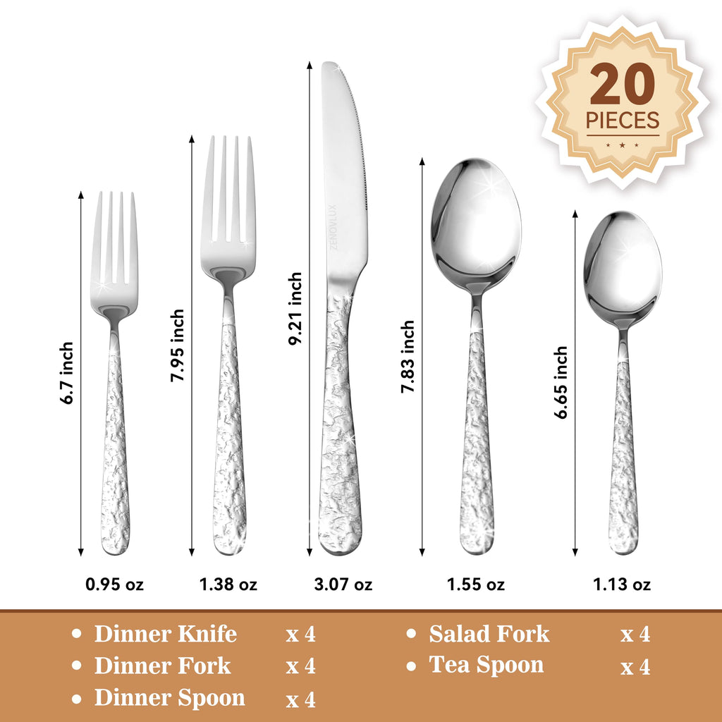 Hammered Silverware Set for 4, Stainless Steel Flatware Set with Dinner Forks, Spoons and Knives, Dishwasher