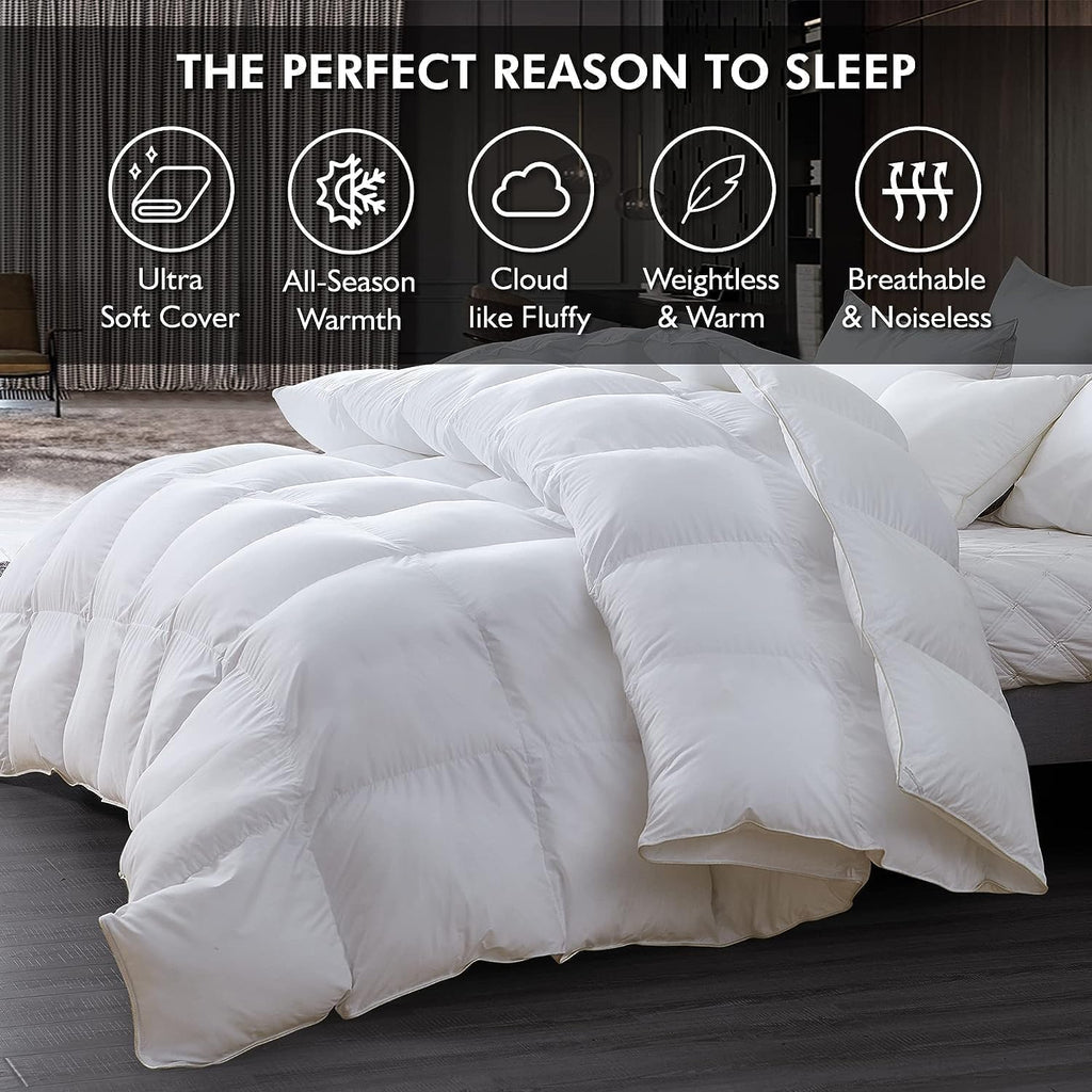 Luxurious Full/Queen Goose Down Comforter, Unique White Solid, 600 Thread Count, 100% Egyptian Cotton Cover
