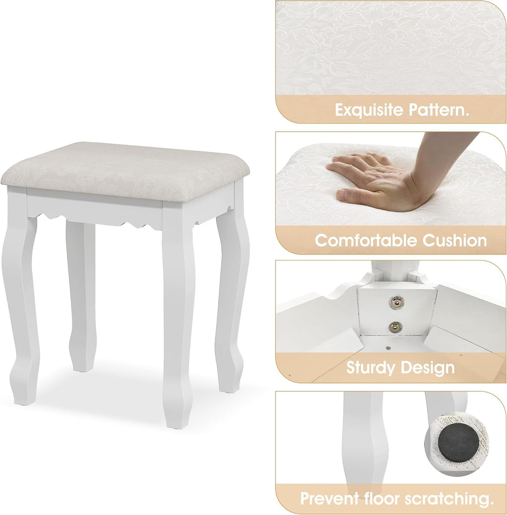 Vanity Desk with Mirror and Lights, Makeup Table with Cushioned Stool Set | Modern Vanity with 4 Drawers, 3 Color