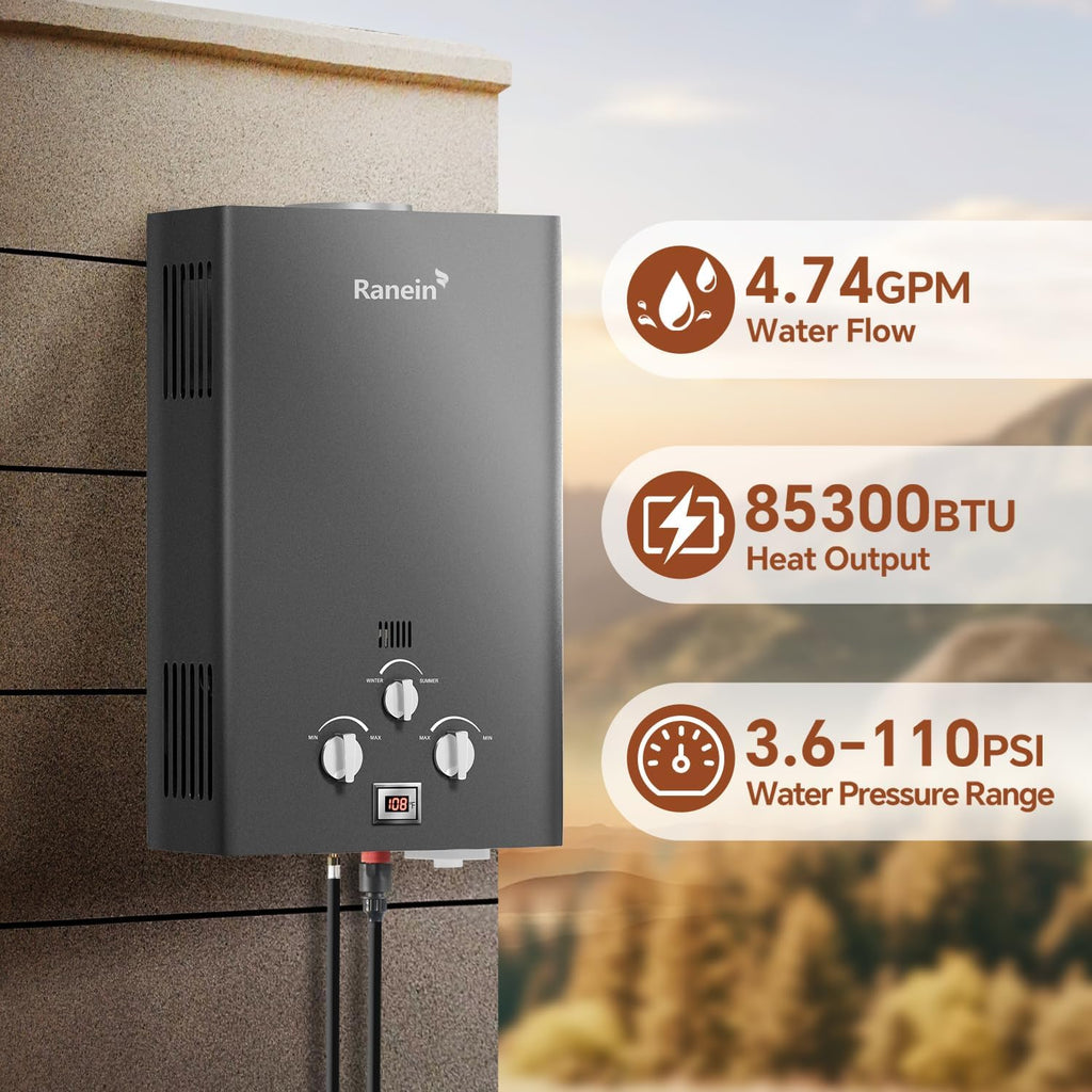 18L Tankless Water Heater, Propane Gas, Outdoor Up to 4.74 GPM, 85, 300 BTU On-Demand Instant Hot Water Heater