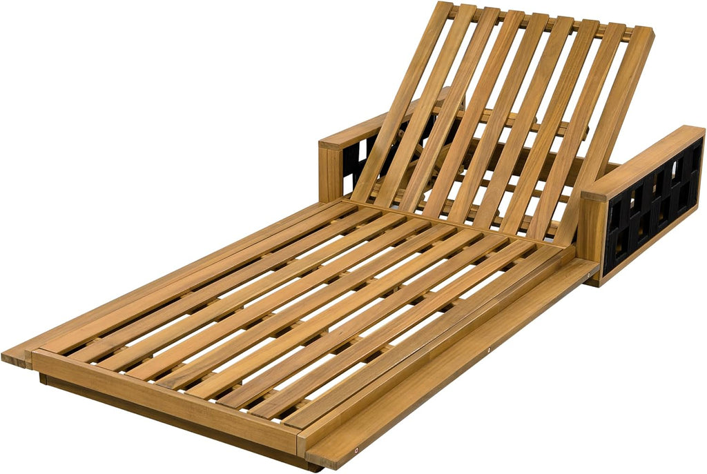 Acacia Wood Chaise Lounge with Dark Gray Cushion, 4" Thick Cushion, 300 lbs, Patio, Poolside, Garden, Indoor Use