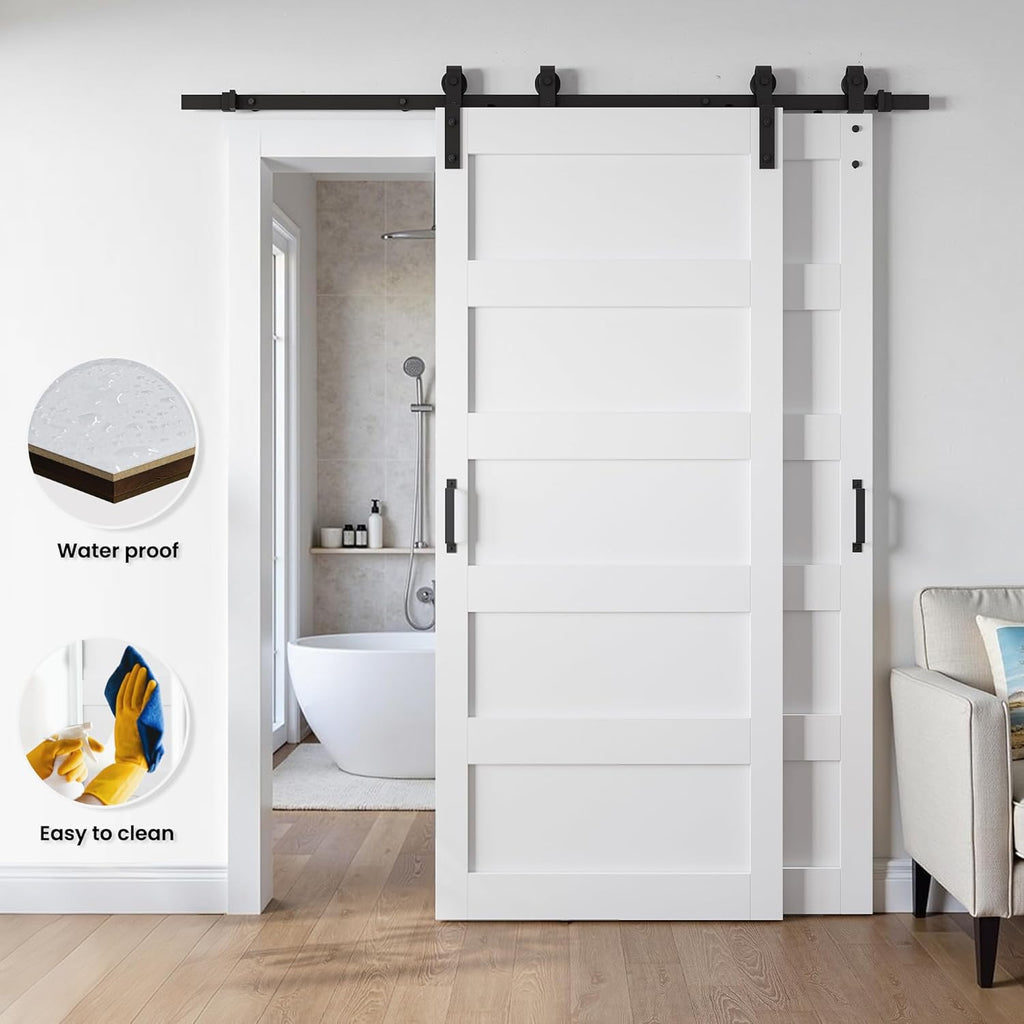 30x84 Inch White Double Barn Door Set - 5-Panel MDF Sliding Doors with 6FT Bypass Barn Door Hardware