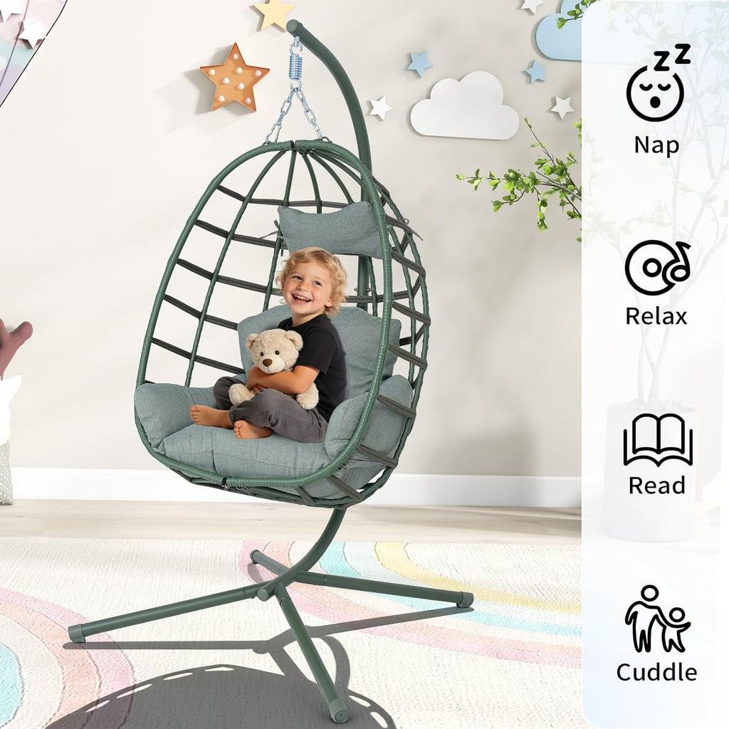 Hanging Egg Chair with Stand Outdoor Indoor Patio Rattan Swing Hammock Chairs with Washable Cushion 350lbs Capacity