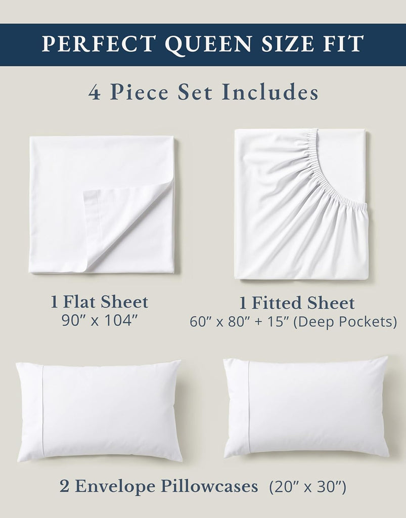 Sheets 100% Organic Cotton 4pc Percale Cooling - White | Sheet Set, GOTS Certified Organic Cotton Percale