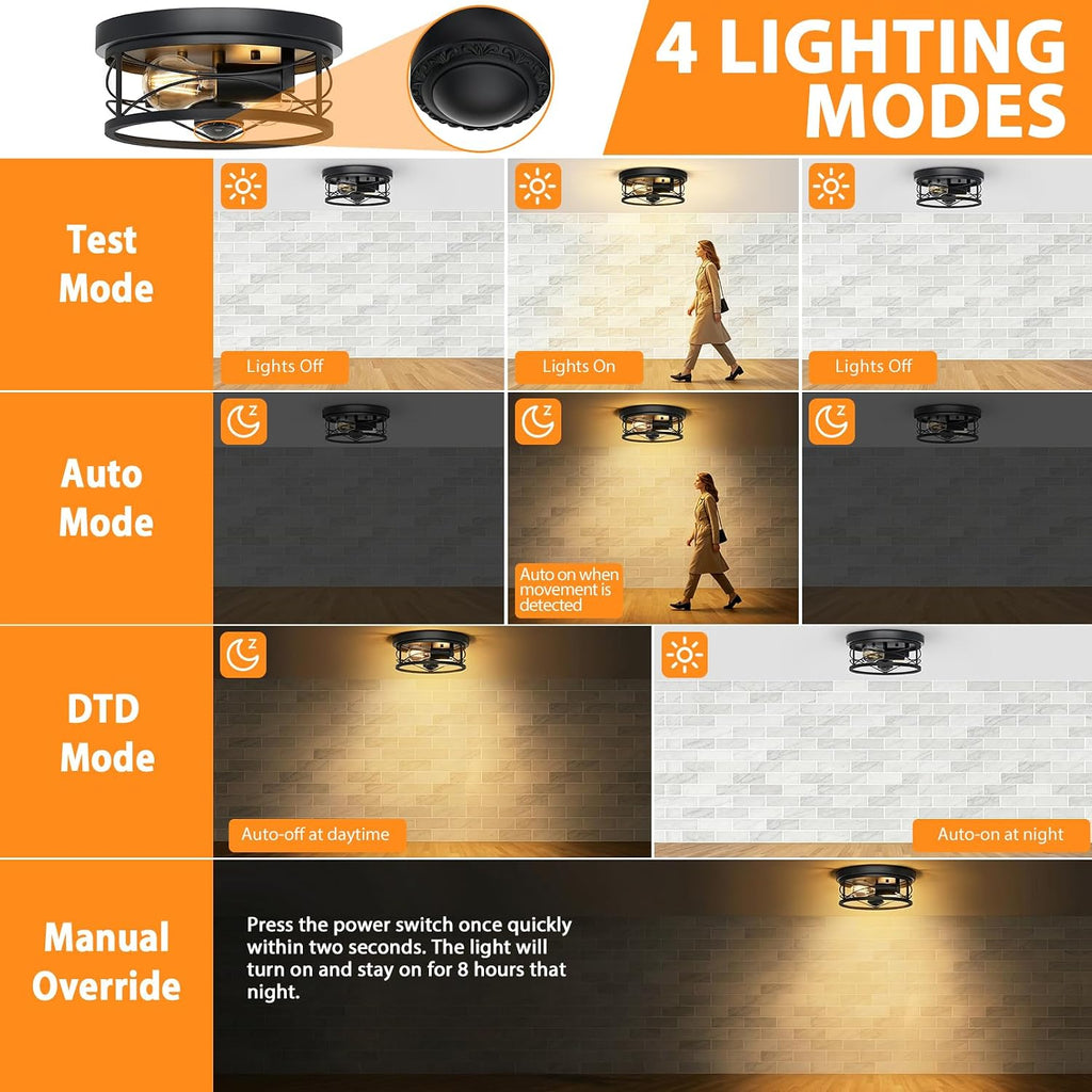 Motion Sensor Outdoor Ceiling Light, 2-Light Flush Mount Black Porch Light