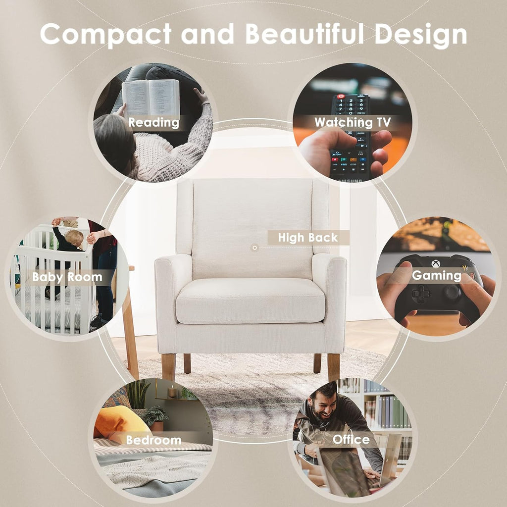 Modern Wingback Living Room Chair, Upholstered Fabric Accent Armchair, Single Sofa Chair with Lounge Seat and Wood