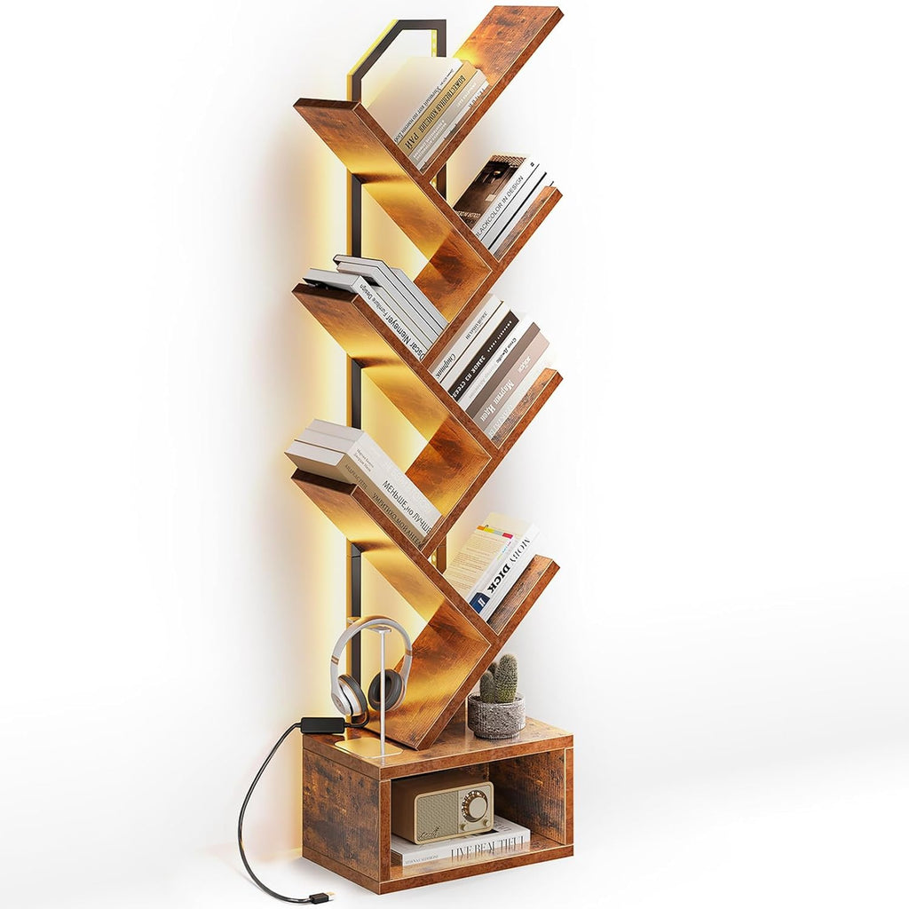 Tree Bookshelf with LED Lights, 6-Tier Narrow Bookcase for Small Spaces, Tall Steel & Wood Storage Shelf with Cabinet