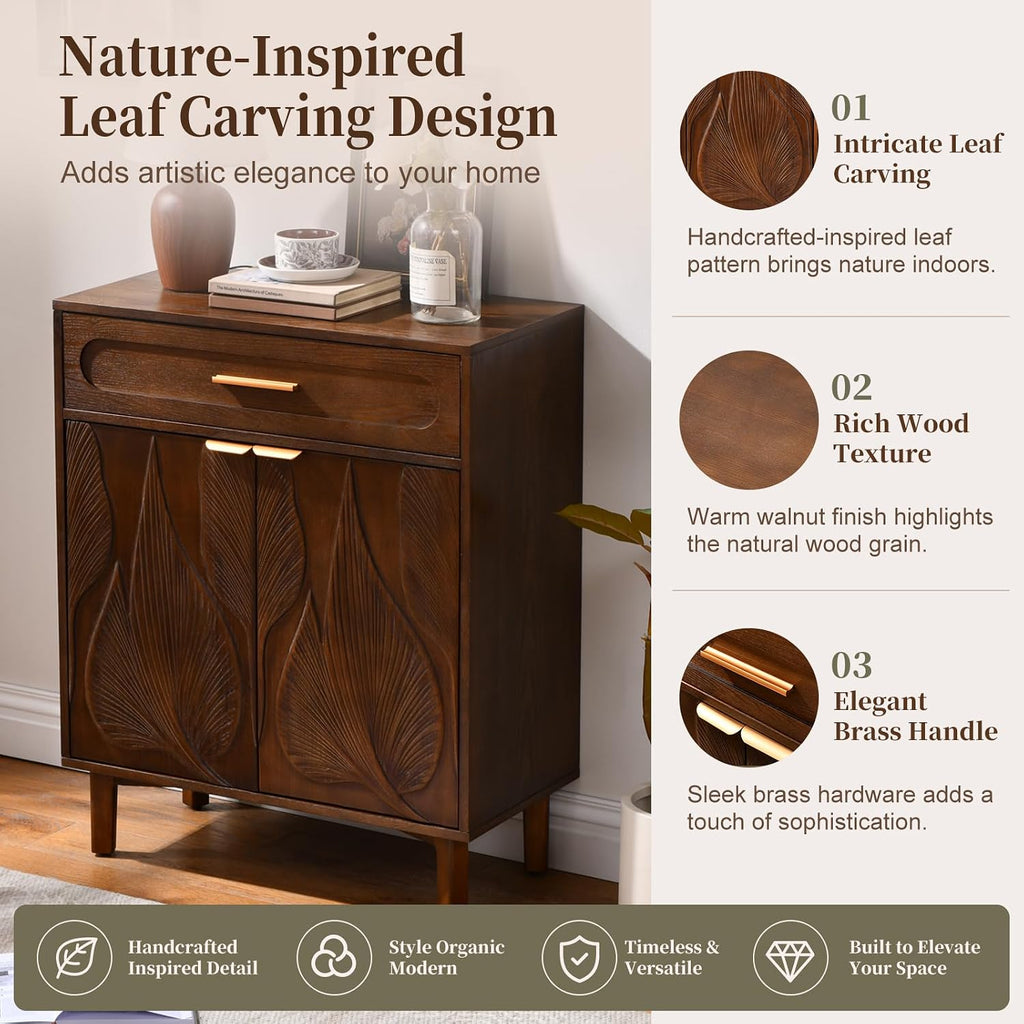 Mid Century Modern Accent Cabinet with Drawer and Carved Leaf Pattern Doors, Storage Sideboard Cabinet with