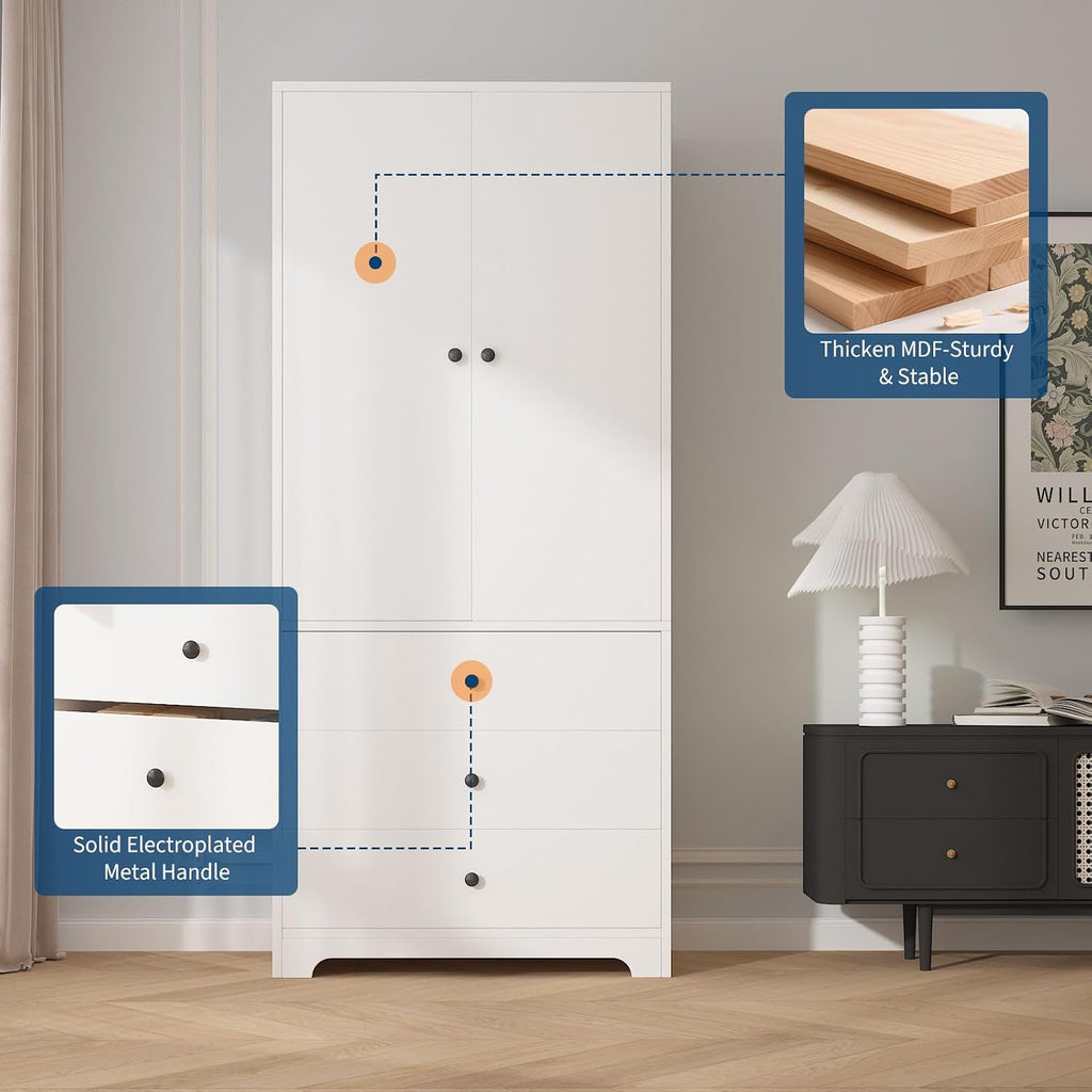 71" Armoire Wardrobe Closet, Bedroom Armoire Clothing Storage Cabinet | 3 Drawers & 2 Doors and Adjustable Shelves