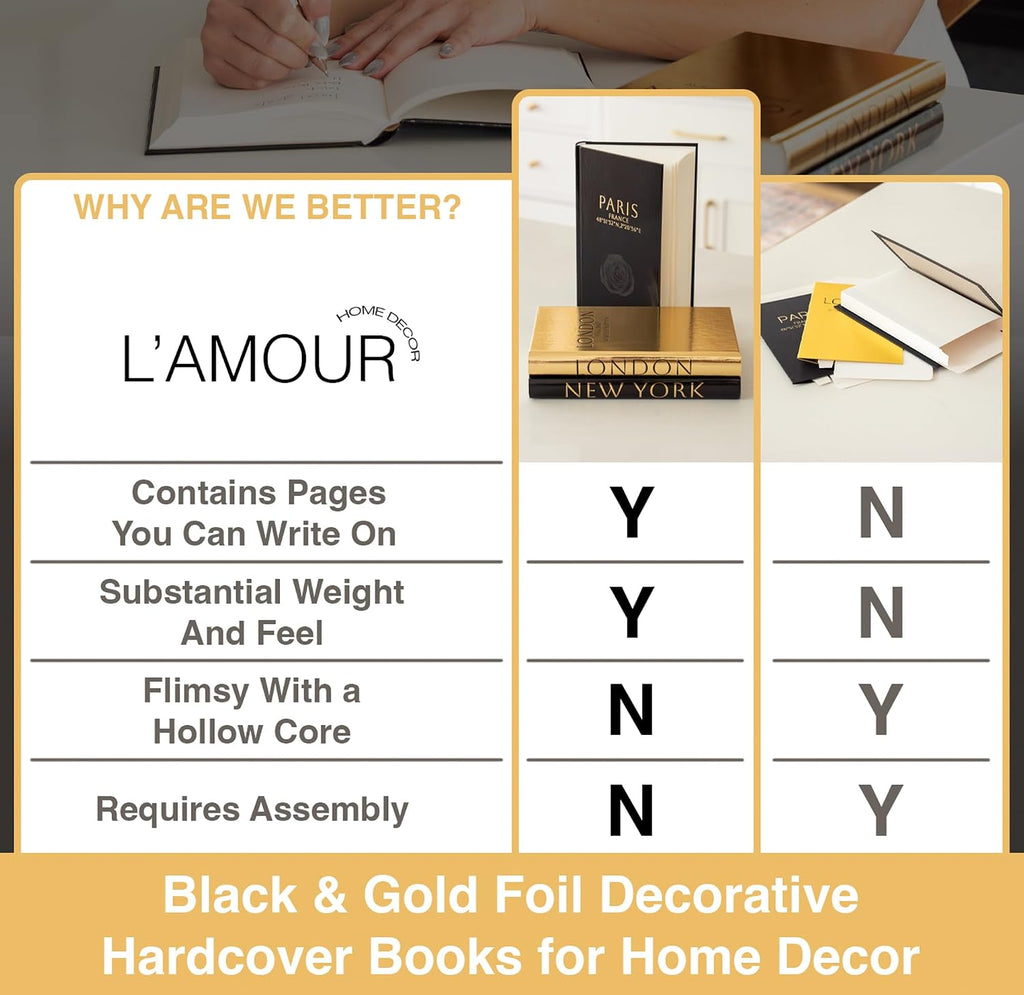 Decorative Books Decor - Coffee Table Books, Set of 3 | Bookshelf Decor, Faux Hardcover Books, Black & Gold Design