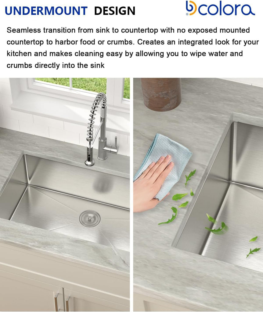 33 Inch Undermount Kitchen Sink, Single Bowl Workstation 16 Gauge 304 Stainless Steel Sink, Handmade Under Counter