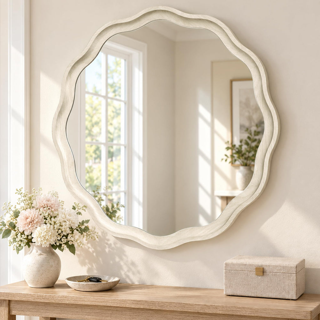 30 Inch Washed White Scalloped Round Bathroom Mirror, Wood Frame