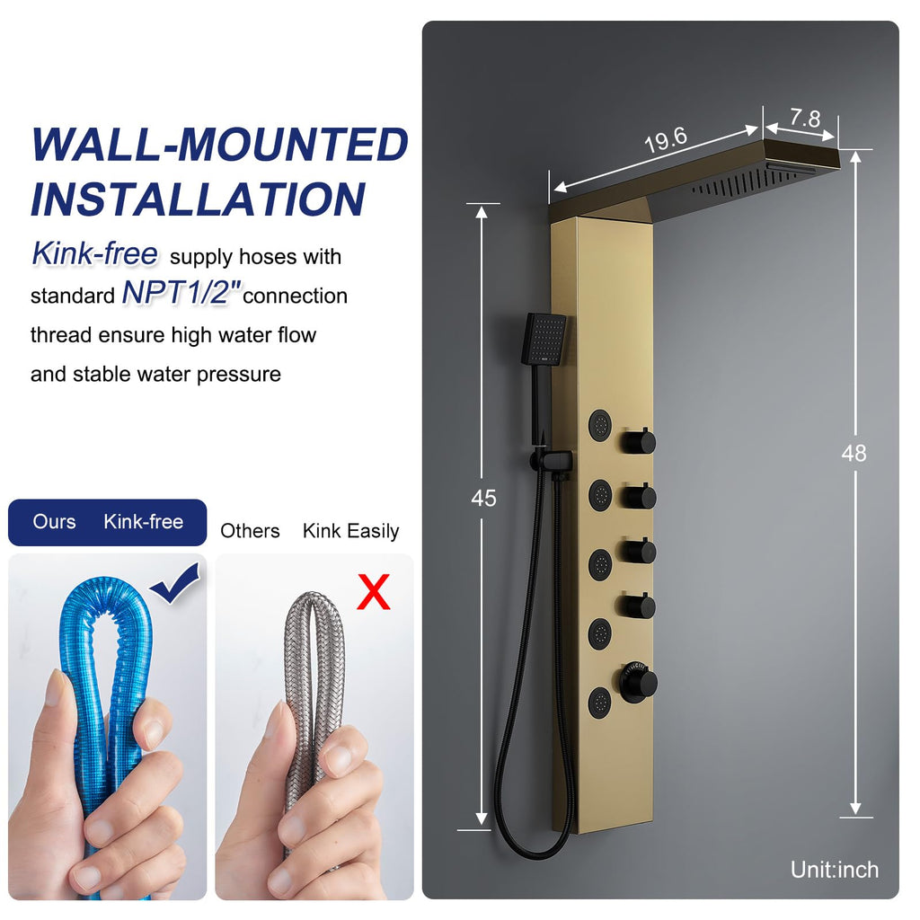 4-in-1 Rainfall Waterfall Shower Panel Tower System, Brushed Gold