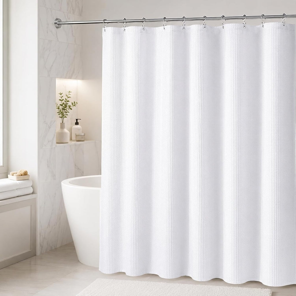 Waterproof Waffle Shower Curtain, 258GSM Heavy Duty 3 Piece Set with Clear Liner and 12 Stainless Steel Hooks