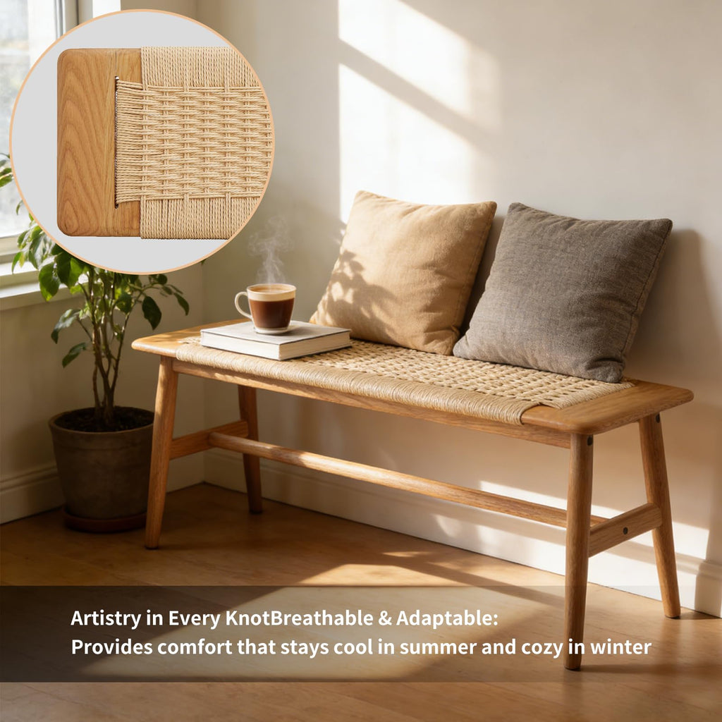 47 Inch Dining Bench, Solid Oak with Rattan Seat