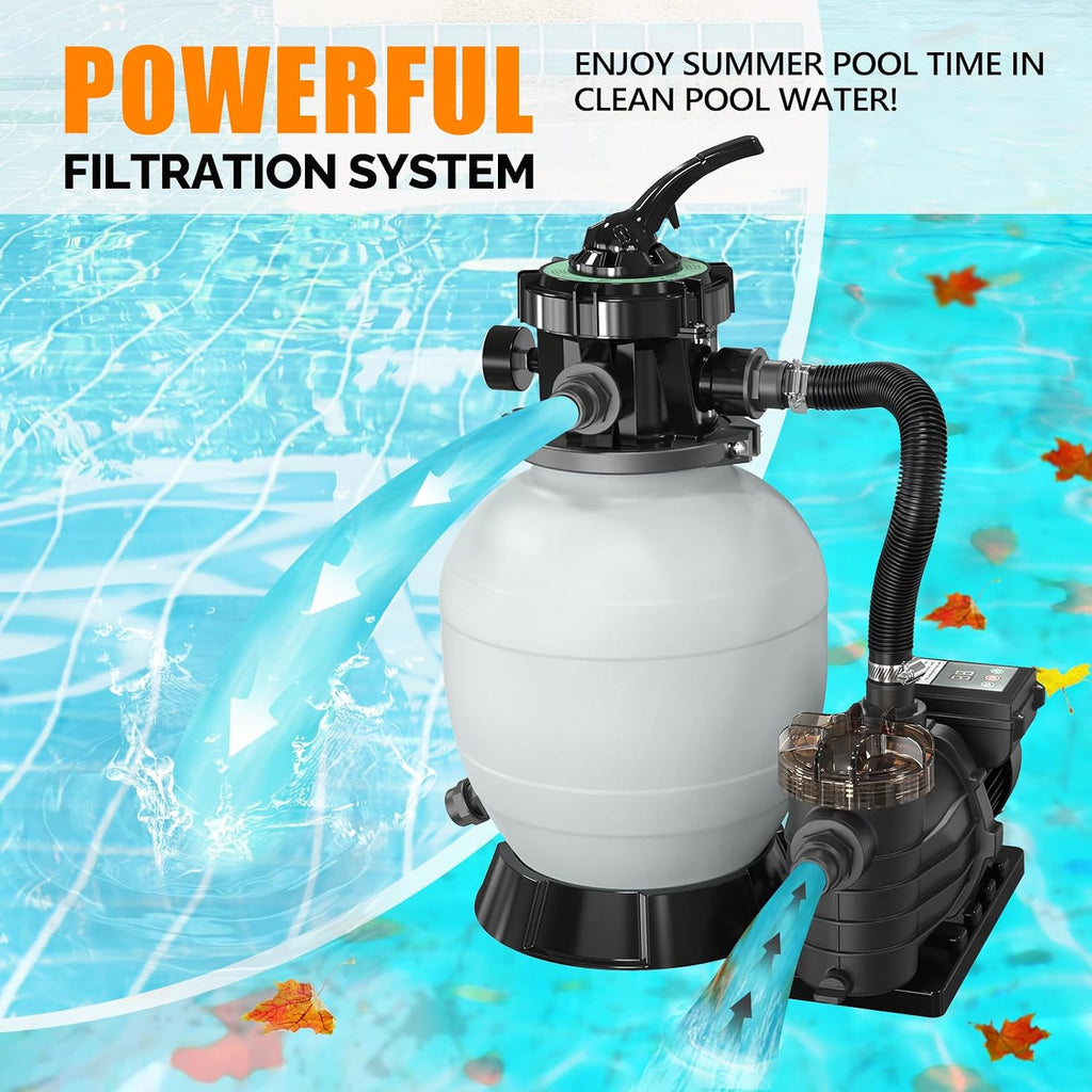 24H Timer) 12 in Sand Filter Pump with Filter Balls, 1585 GPH 1/2 HP High Efficiency Pool Pump with 7-Way Valve for