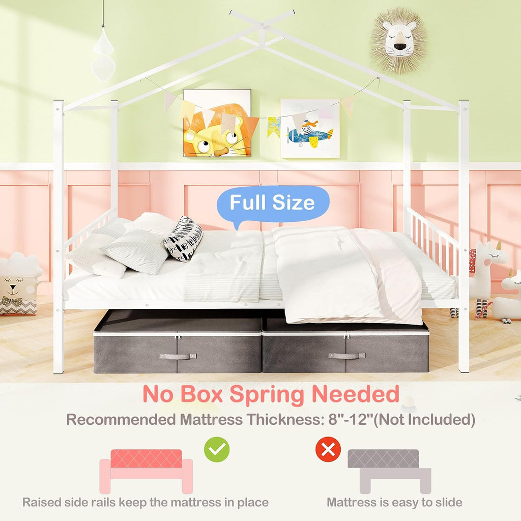 Full Size House Bed with 2 Storage Drawers, Metal Montessori Bed Frame with Headboard & Footboard, Full House Beds