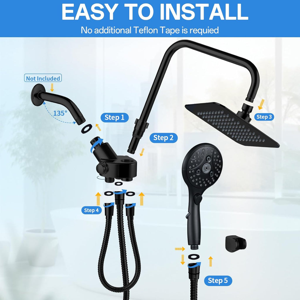 High Pressure Rainfall Shower Head with Handheld Combo: Upgrade Dual Shower Head with 10 Inch Fixed Rain Showerhead