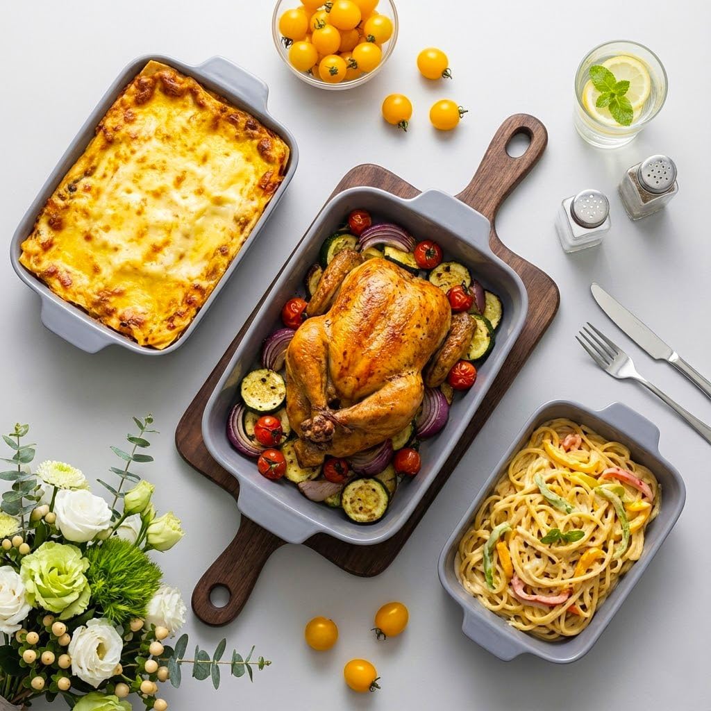 Ceramic Casserole Dishes for Oven Set of 3 Pcs Rectangular Bakeware Set with Handle for Steak Beef Pan Roast Chicken
