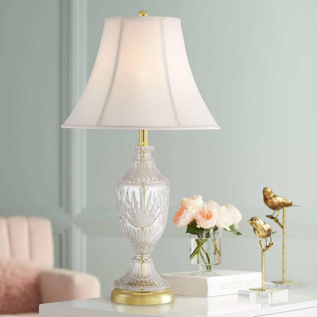 Traditional Glam Style Table Lamp 26.5" High Cut Glass Urn Brass Gold Metal Clear White Cream Bell Glass Shade Decor