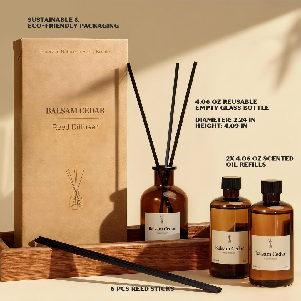 Balsam Cedar Reed Diffuser Set - Includes Reed Diffuser Sticks, 2 Pack Fragrance Oil and Glass Bottle, Reed Diffusers
