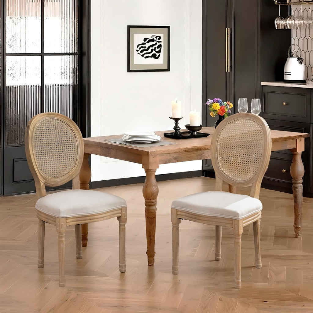 French Country Dining Chairs Set of 4,Farmhouse Upholstered Dining Room Chairs with Round Back and Solid Leg,Rattan
