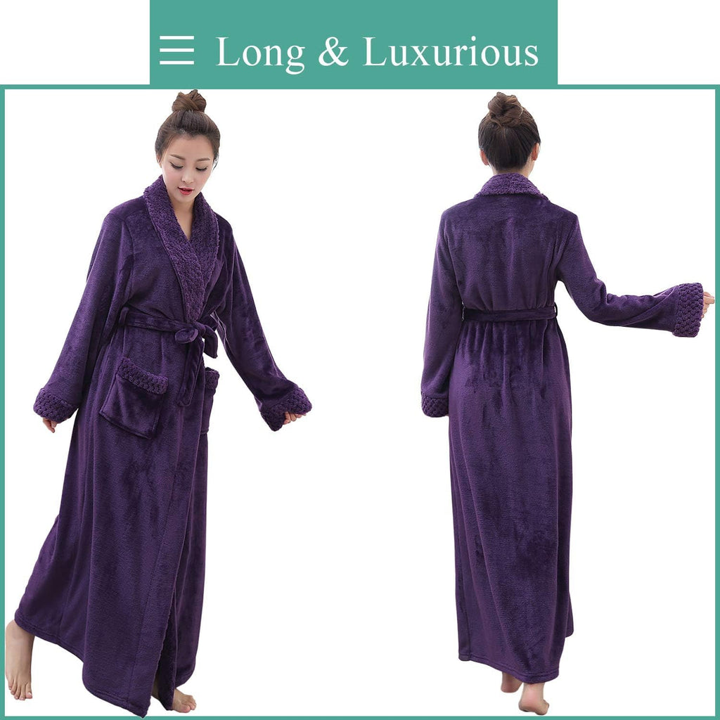 Womens Long Fleece Robe: Plush Flannel Warm Bathrobes | Winter Soft Shawl Collar Bath Robe with Adjustable Waist Belt