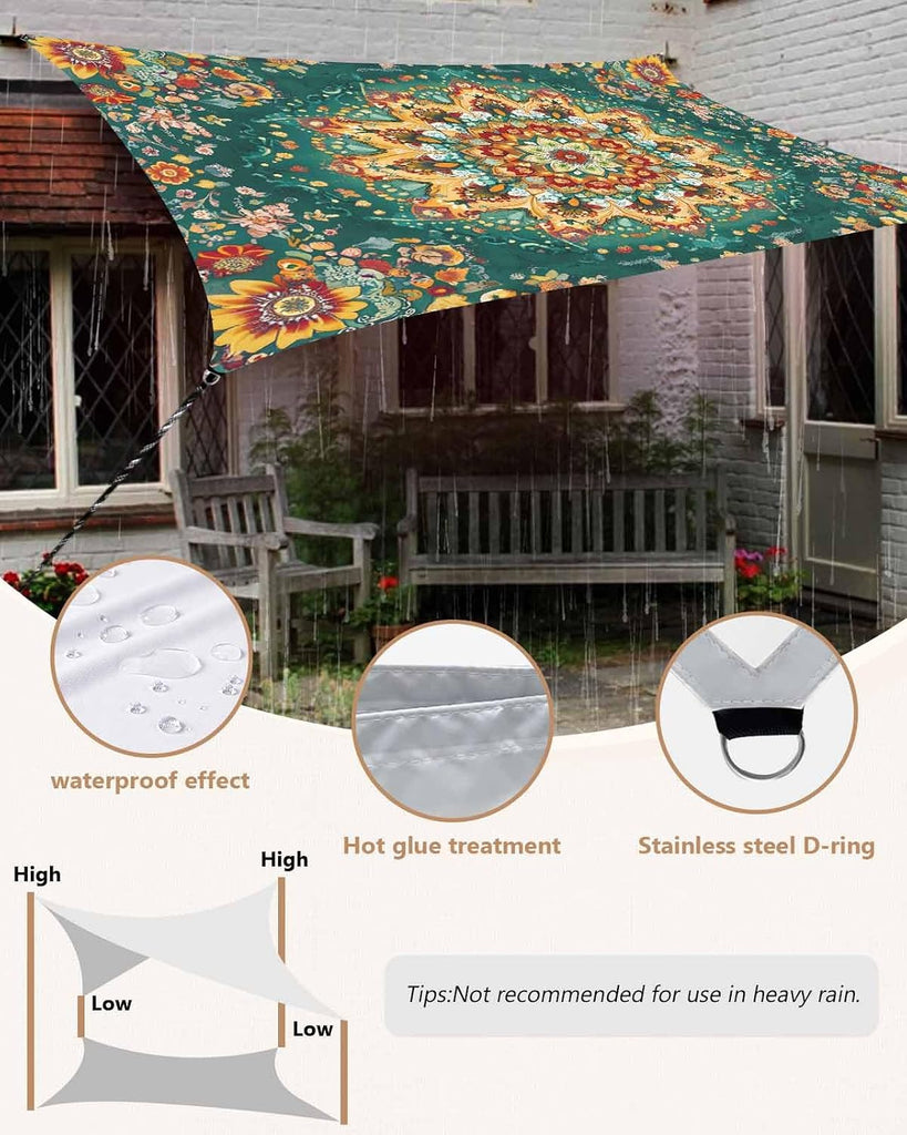 Boho Flower Sun Sail Shades Rectangle Canopy,Sunlight Block Heavy Duty Curved Backyard Shade Cover,Yellow Green