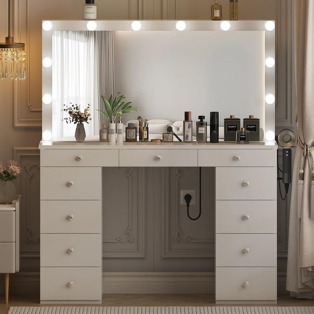 Vanity Desk with Mirror and Lights, White Vanity with Jewelry Storage Cabinet, Makeup Dressing Table with 11 Drawers