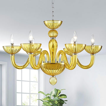 6 Light Crystal Chandelier, Modern Dining Room Light Fixture, Yellowish Green Crystal Pendant Light for Bedroom Livingroom, S Glass Tube, D30xW30xH20, E12 Socket