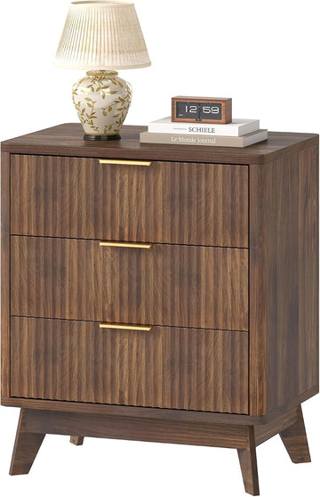 23.6" Wide Fluted Nightstand with 3 Drawers, Walnut Wood Night Stand, Modern Mid Century Bedside Table , Wooden