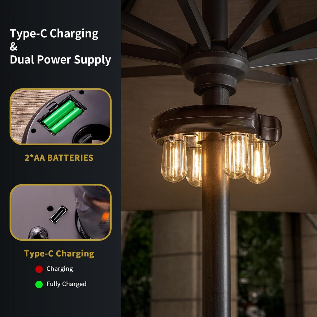 Patio Umbrella Light with Remote Control, Rechargeable Cordless LED Edison Bulbs Pole Light with 10 Brightness Levels -