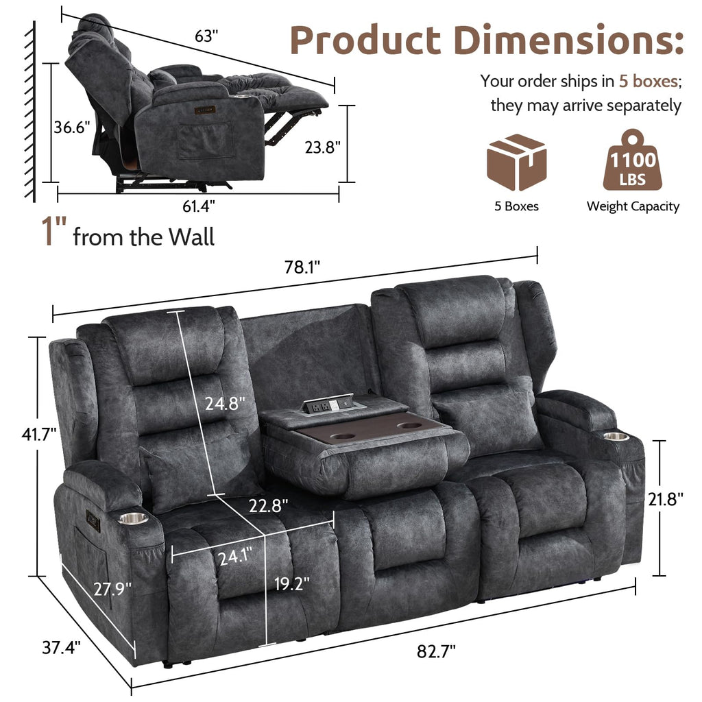 Power Loveseat Recliner Sofa, Adjustable Headrests & Flip-Backrest