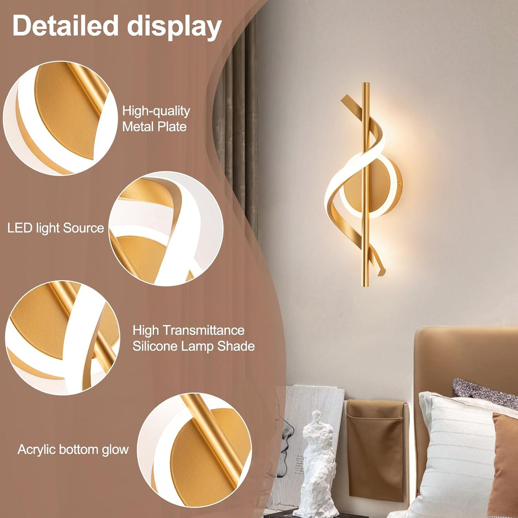 LED Wall Sconces Indoor, 12W LED Wall Mount Lights, Modern Spiral Wall Lamp, 3000K Wall Light Fixture for Stairs