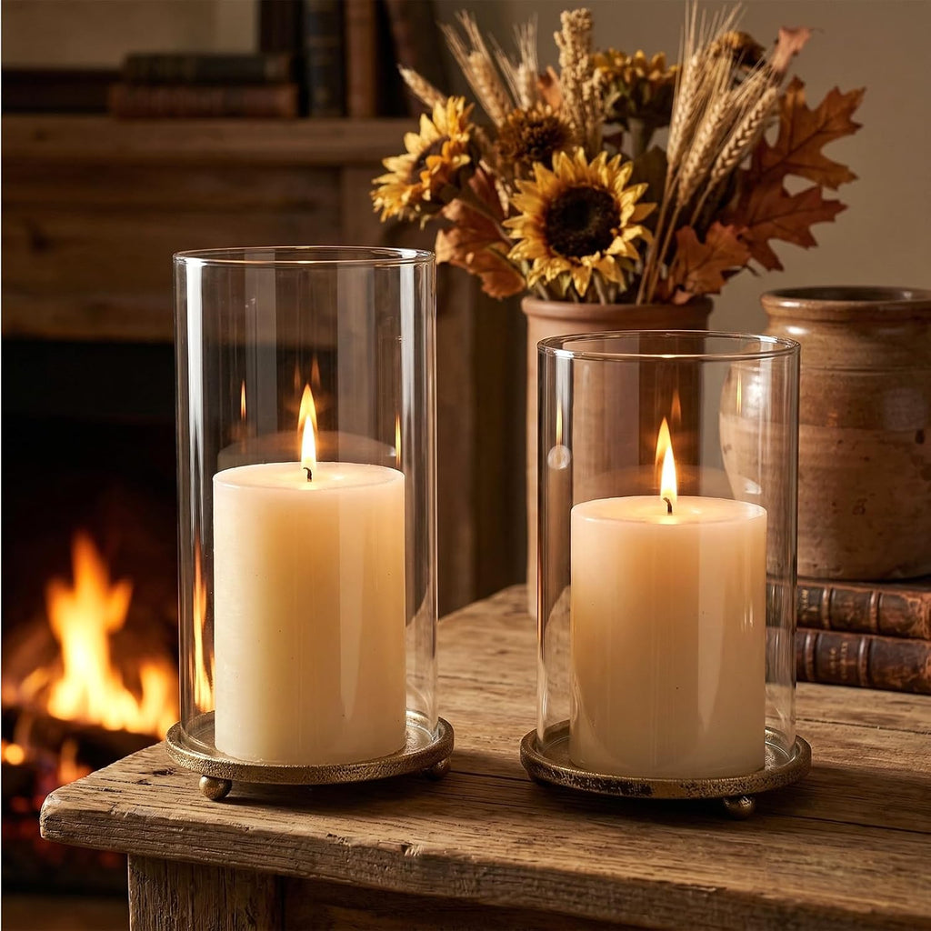 Hurricane Candle Holders Set of 2 - Pillar Candle Stands with Glass Sleeves for Fireplace Mantel & Dining Table