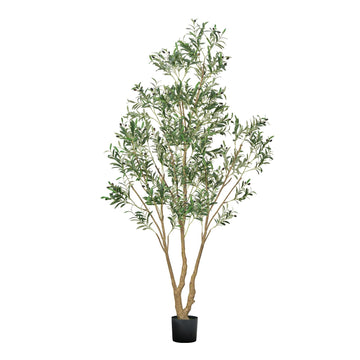 8FT Artificial Olive Tree with Black Pot, Tall Fake Tree with Natural Wood Trunk & Realistic Green Leaves and Fruits