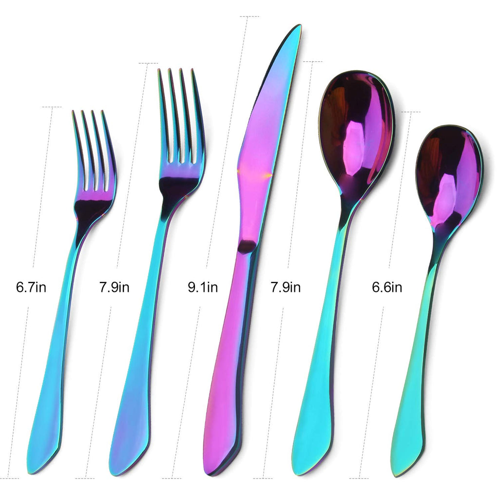 Rainbow Silverware Set, 20-Piece Stainless Steel Flatware Set with Round Edge, Kitchen Utensil Set Service for 4