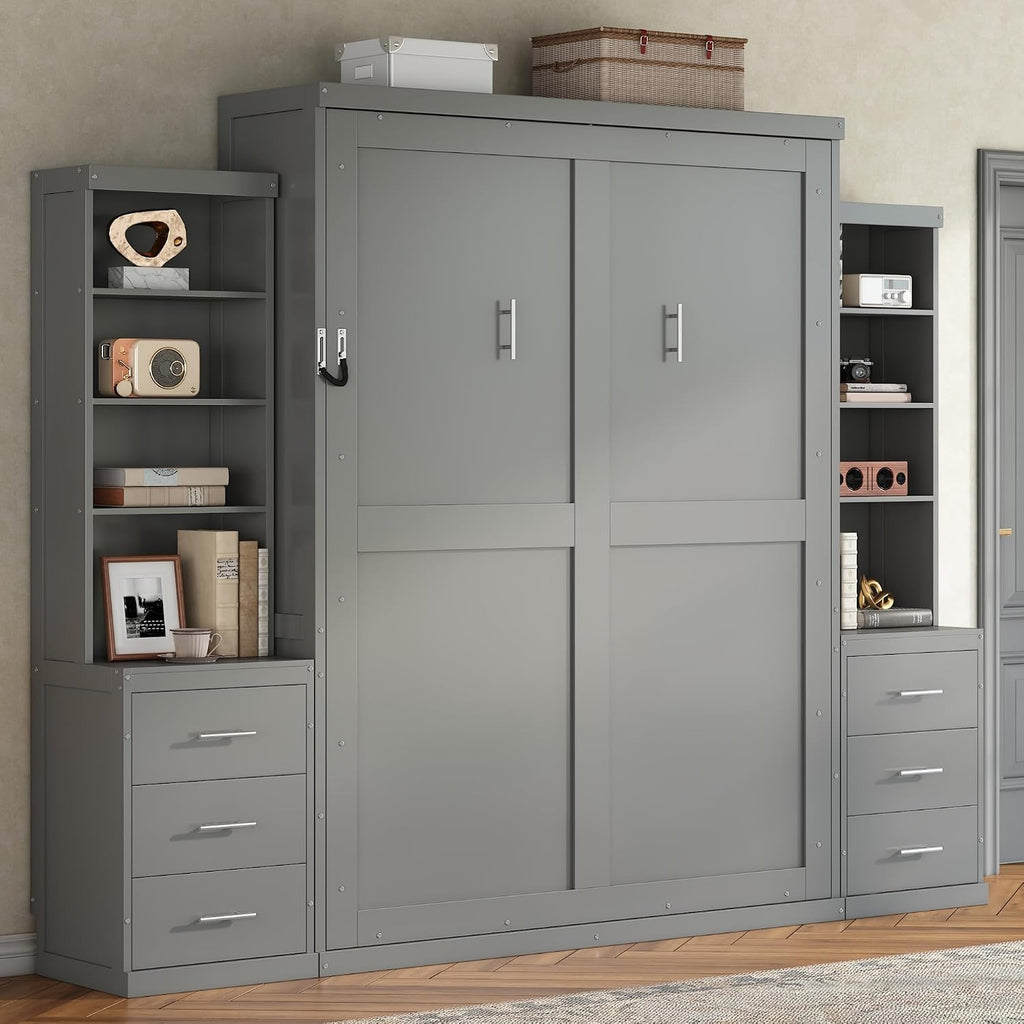 Murphy Bed Queen,Murphy Bed with Storage Shelves and Drawers,Wall Bedframe w/Wood Slatk,can be Folded,No Box Spring