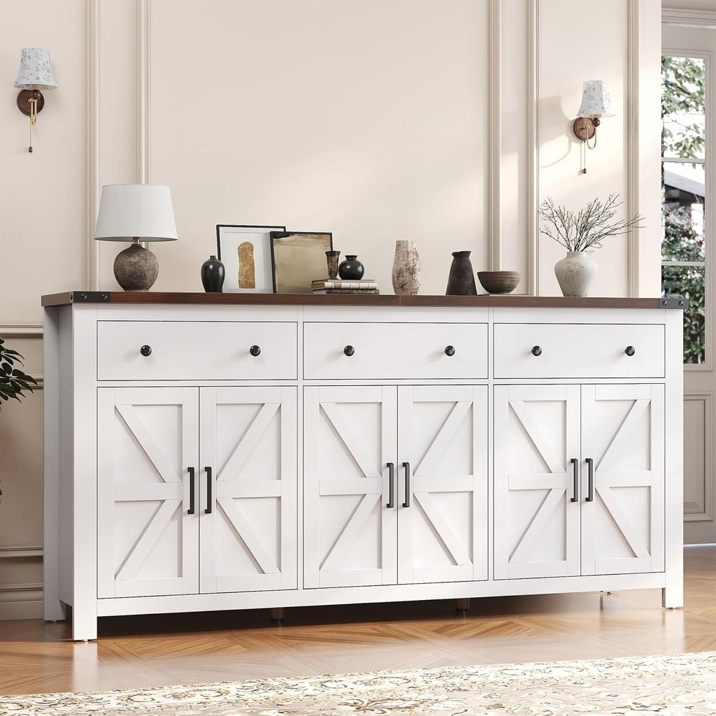 71" Large Sideboard Buffet Cabinet with Storage, Modern Farmhouse Coffee Bar with 3 Drawers and 6 Barn Doors